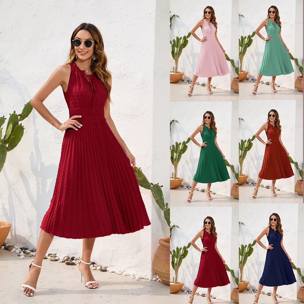 Lace-Up High Waist Pleated Hairball Dress Sleeveless Summer Dress Casual Holiday Travel Dress