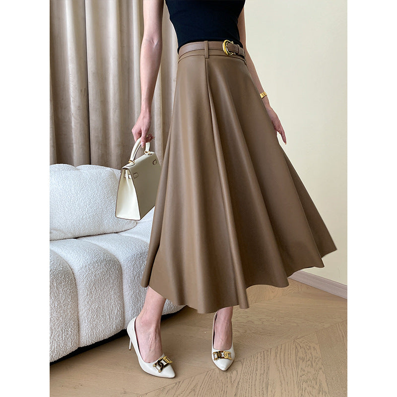 Commuter Style Pleated Temperament A-Line Leather Skirt