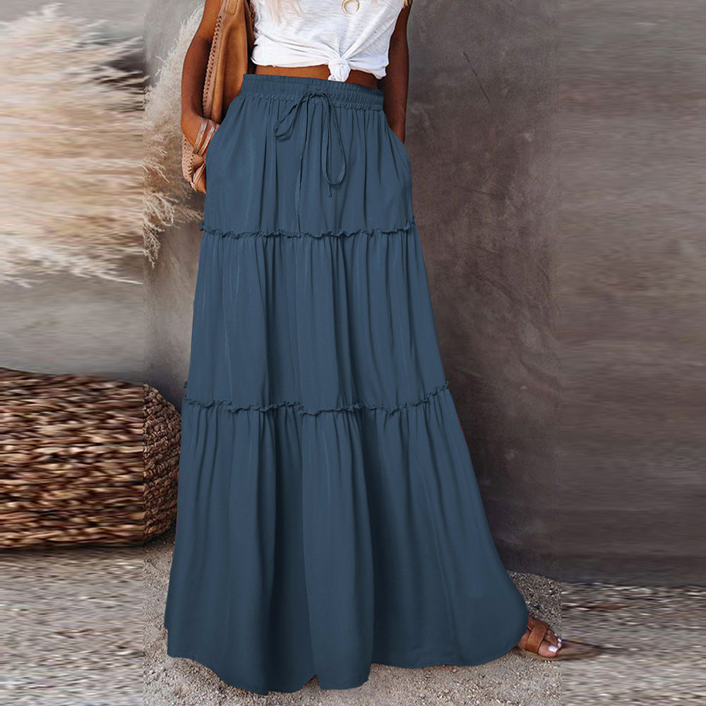 Autumn And Winter New Solid Color Knee-Length Skirt Women Lace-Up Casual Dress