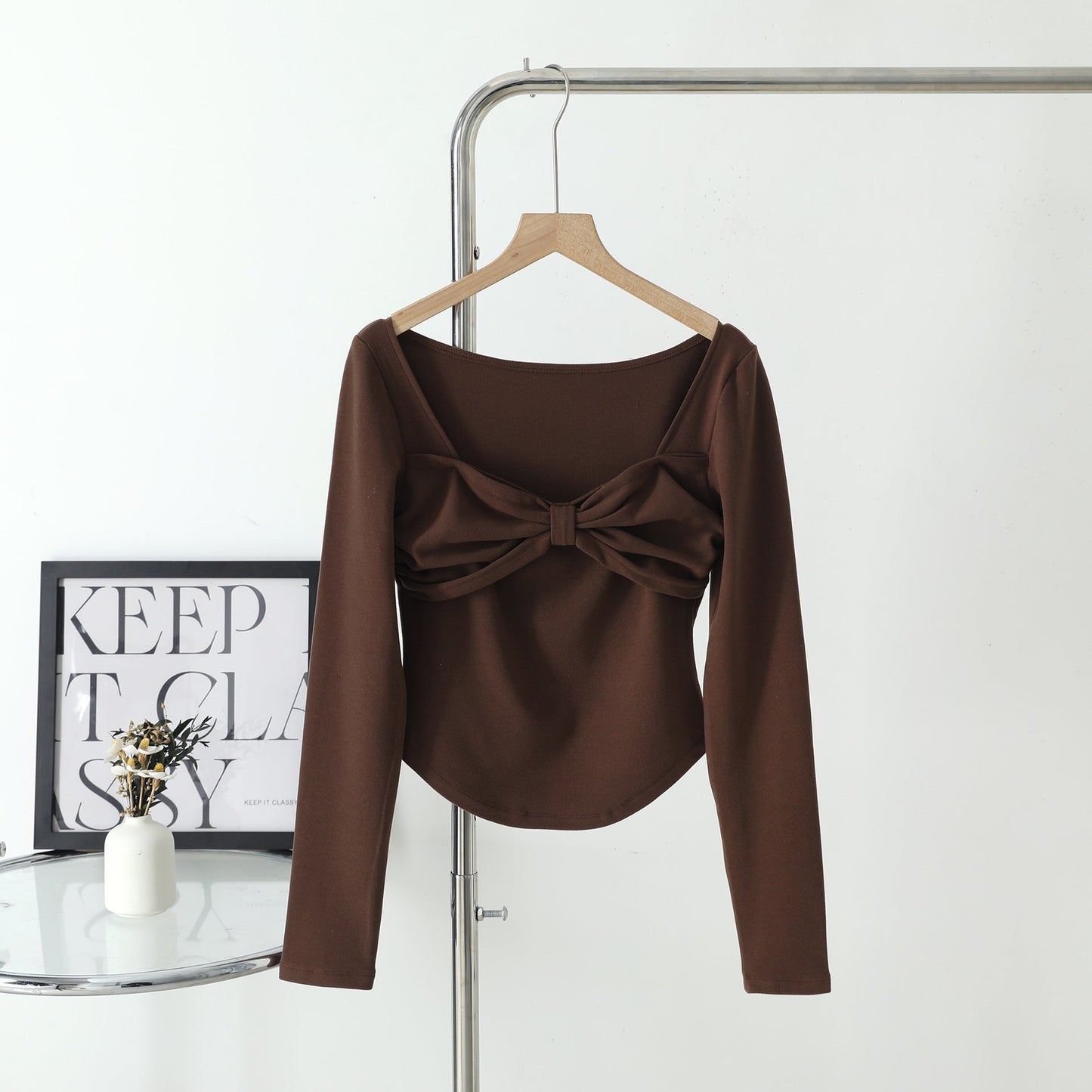 Women's Autumn and Winter Square Collar Draw Pleated Bow Design Gentle Fresh Sweet Highlight Collarbone Curved Top