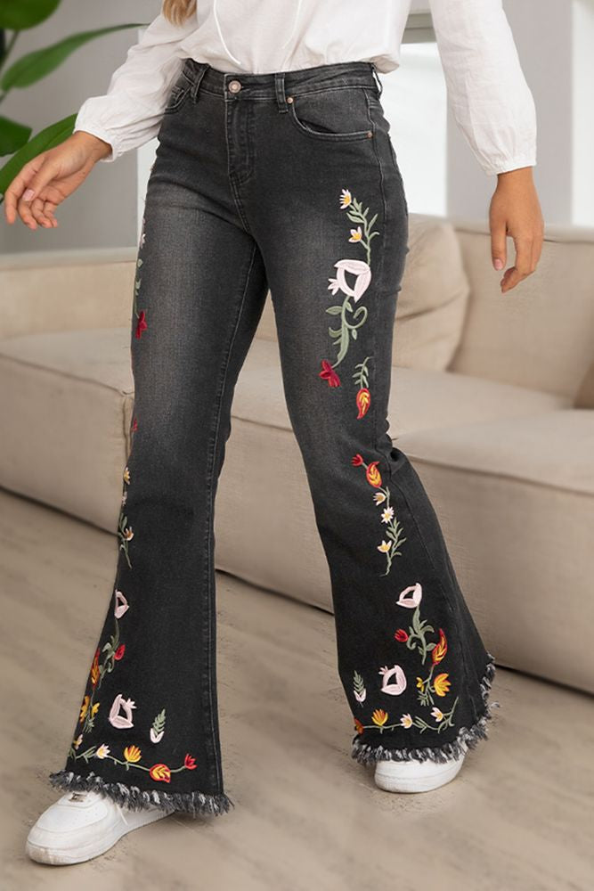 Floral Embroidery Raw Hem Mid Rise Flare Jeans