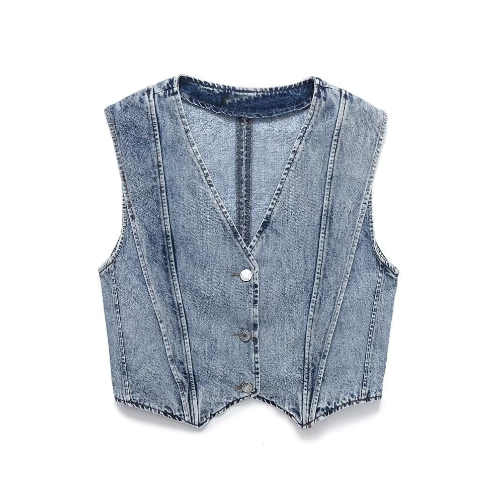 Summer Women's Casual Wash Effect Denim Vest + Shorts Set