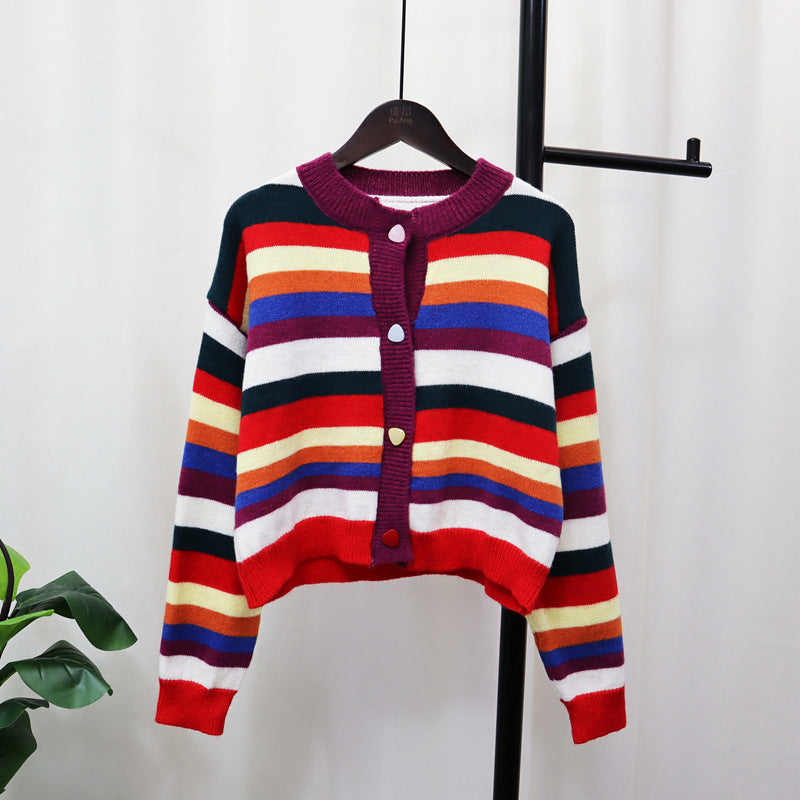 Thin striped sweater top for women new spring/summer new crewneck retro design sense of fashion sweater cardigan tide