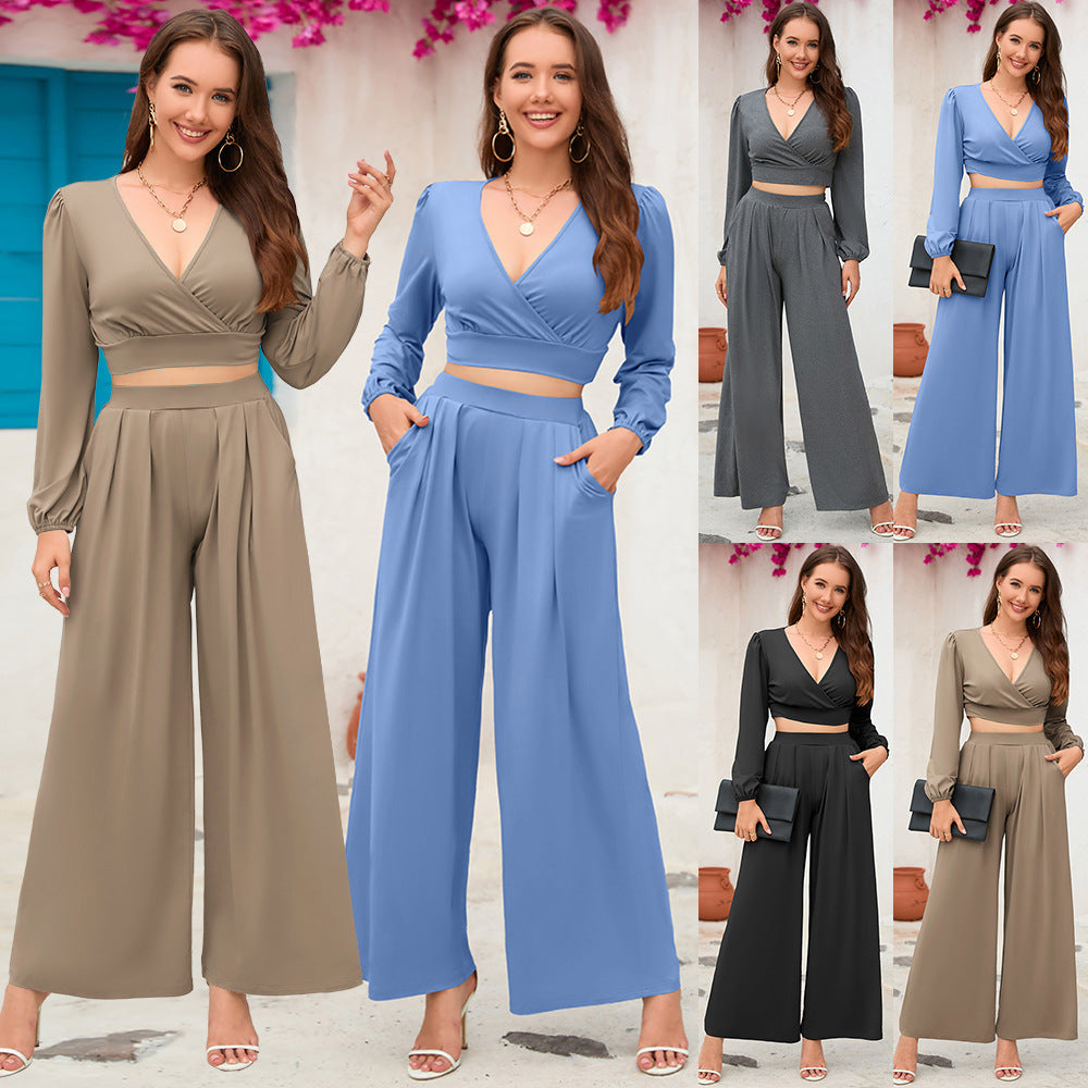 Autumn And Winter New Women's V-Neck Long Sleeve Short Jacket + Straight Trousers Two-Piece Suit Big Size