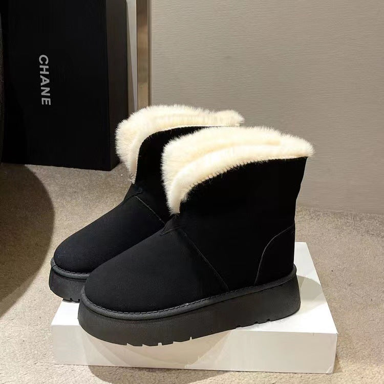 New family snow boots two wear thick soles plus velvet outside the tube to wear warm fur one cotton shoes woman