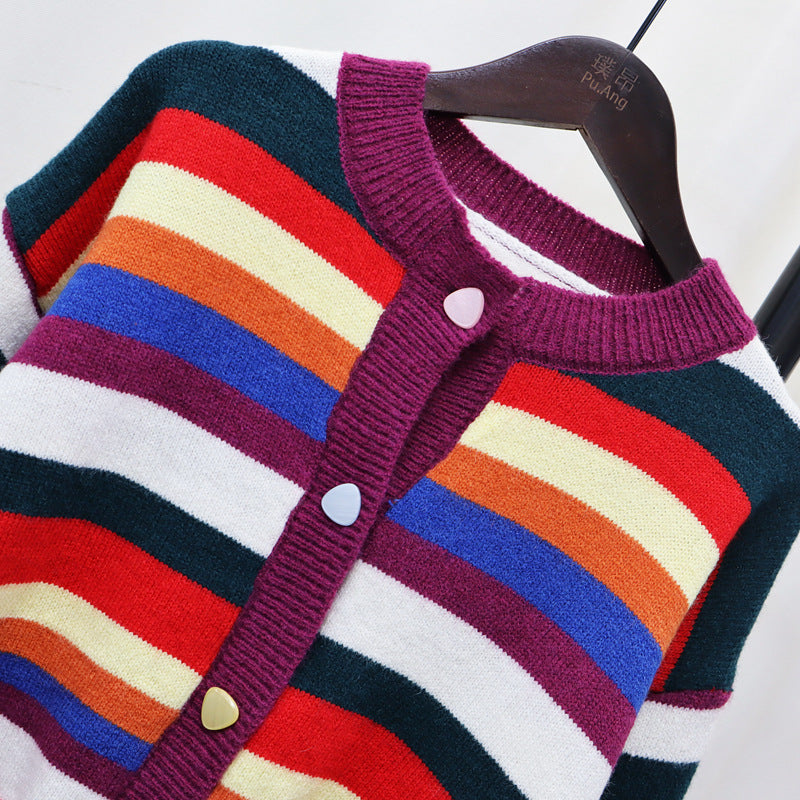 Thin striped sweater top for women new spring/summer new crewneck retro design sense of fashion sweater cardigan tide