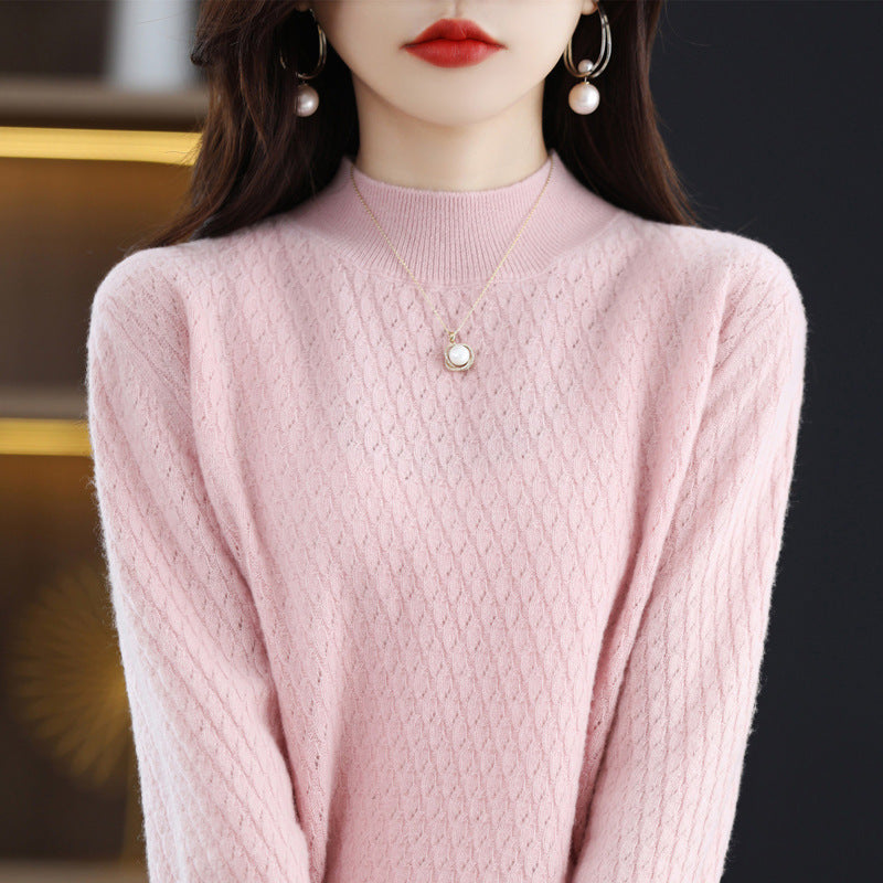 Full Body Jacquard Female Half Turtleneck 100 Woolen Sweater Autumn And Winter New Loose Foreign Style Cashmere Sweater To Wear