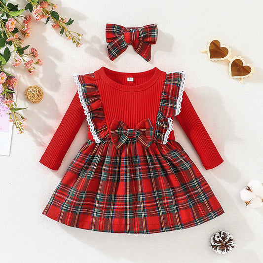 Girls' Long-Sleeved Dress Autumn Winter Children's Christmas Plaid Skirt Baby Baby Red Skirt A-Line Skirt