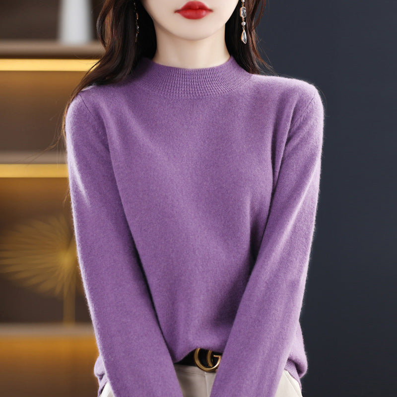 Autumn/Winter Seamless Woolen Sweater Women's 100 Wool Half Turtleneck Loose Pullover Sweater With Slimming Undercoat