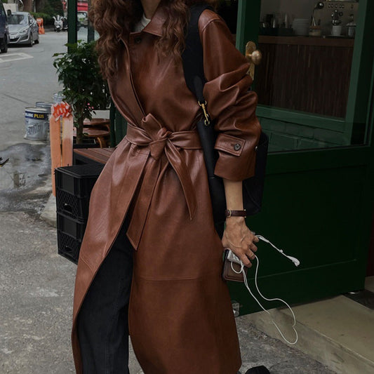 Long Leather Women Autumn-Winter Retro Handsome Lapel Loose Strap Texture Pu Leather Trench Coat