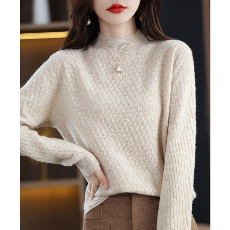 Full Body Jacquard Female Half Turtleneck 100 Woolen Sweater Autumn And Winter New Loose Foreign Style Cashmere Sweater To Wear