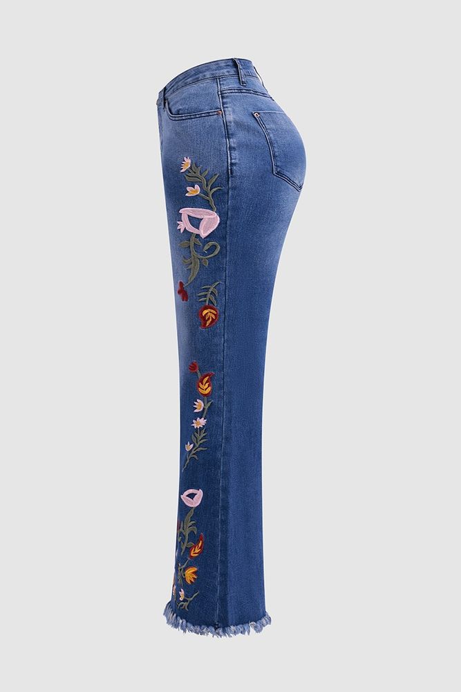 Floral Embroidery Raw Hem Mid Rise Flare Jeans