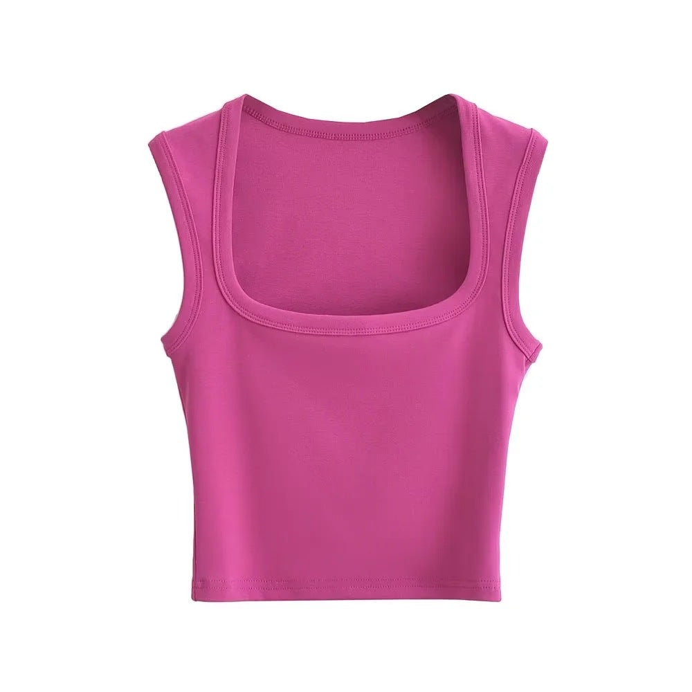 Summer Sexy Slim Deep Square Neck Vest Women Short Crop Tight Solid Color Sleeveless Top Small T Tide