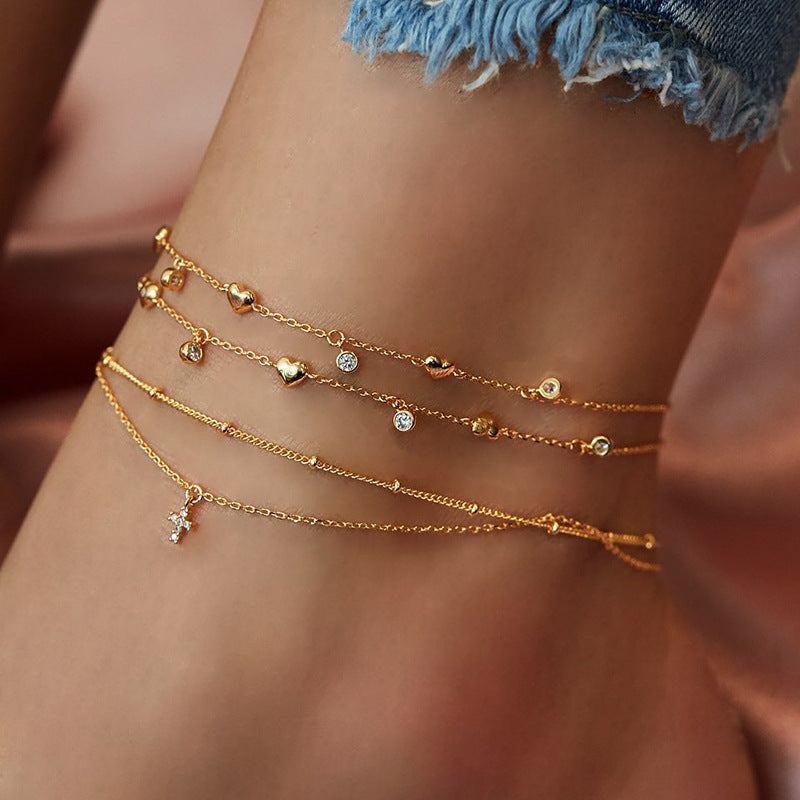 5 pcs New Love Cross Anklet Set Female Niche Fashion Light Luxury High Sense Anklet