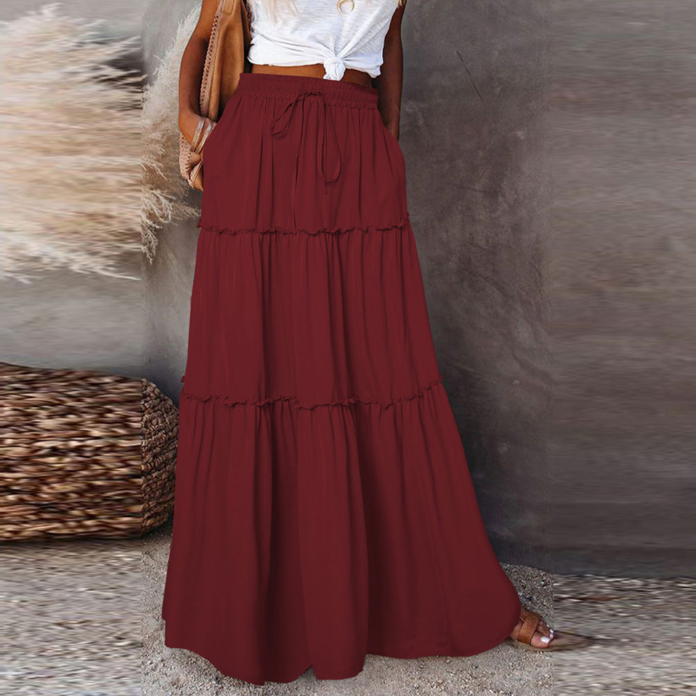 Autumn And Winter New Solid Color Knee-Length Skirt Women Lace-Up Casual Dress