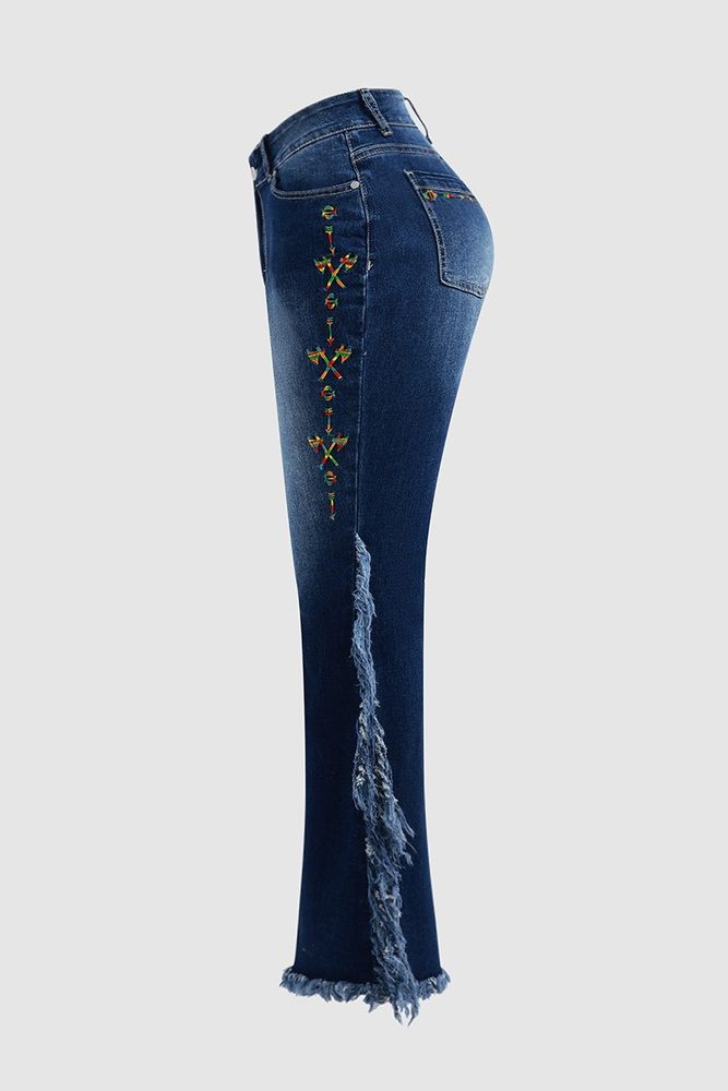 Embroidery Side Fringe Side Raw Hem Mid Waist Bootcut Jeans Without Belt