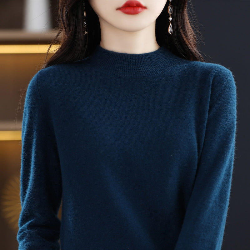 Autumn/Winter Seamless Woolen Sweater Women's 100 Wool Half Turtleneck Loose Pullover Sweater With Slimming Undercoat