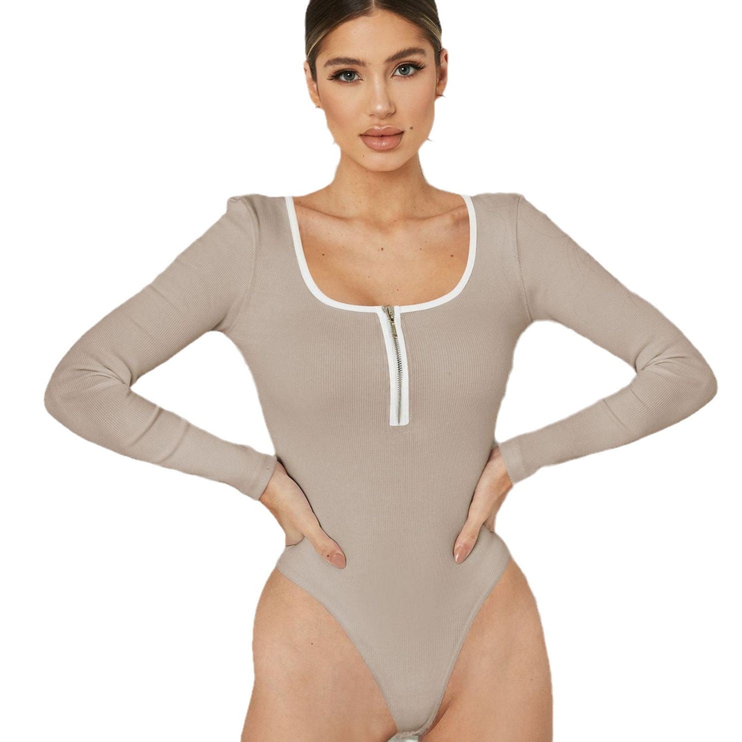 Autumn And Winter Hot Sales Of New Splicing Color Zipper Thread Long-Sleeved Leotard Fashion Matching Temperament Base