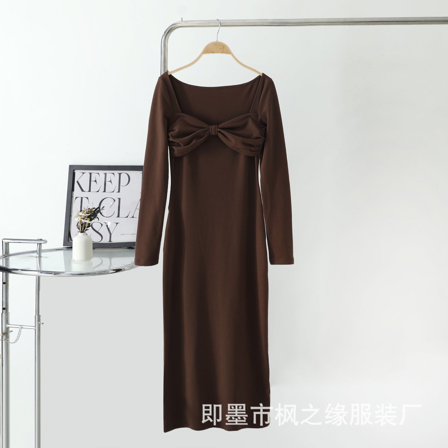 Female Autumn and Winter Square Collar Draw Pleated Bow Design Gentle Fresh Sweet Highlight Collarbone Curved Dress