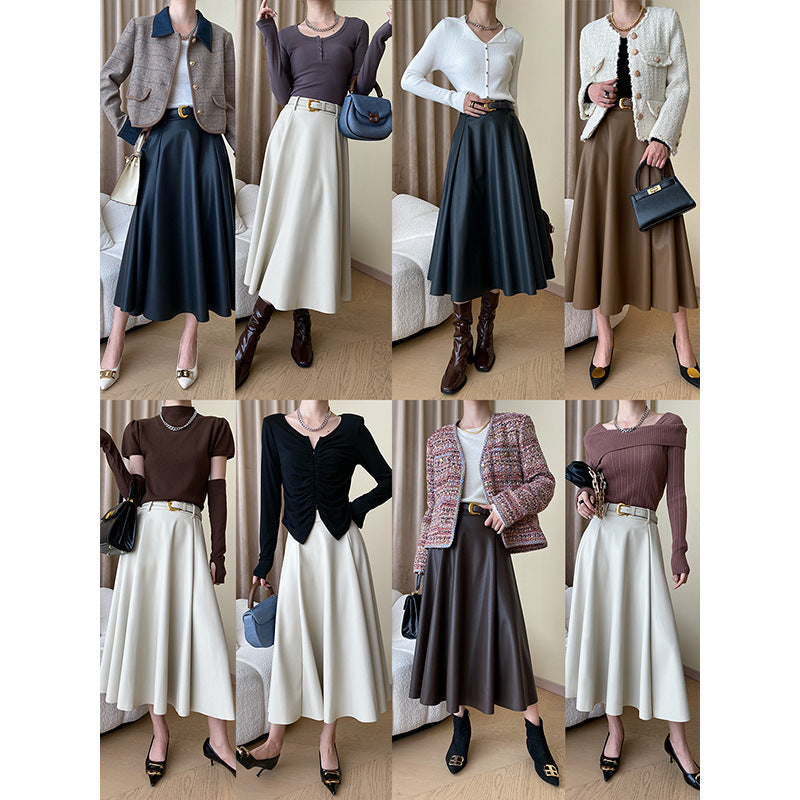 Commuter Style Pleated Temperament A-Line Leather Skirt