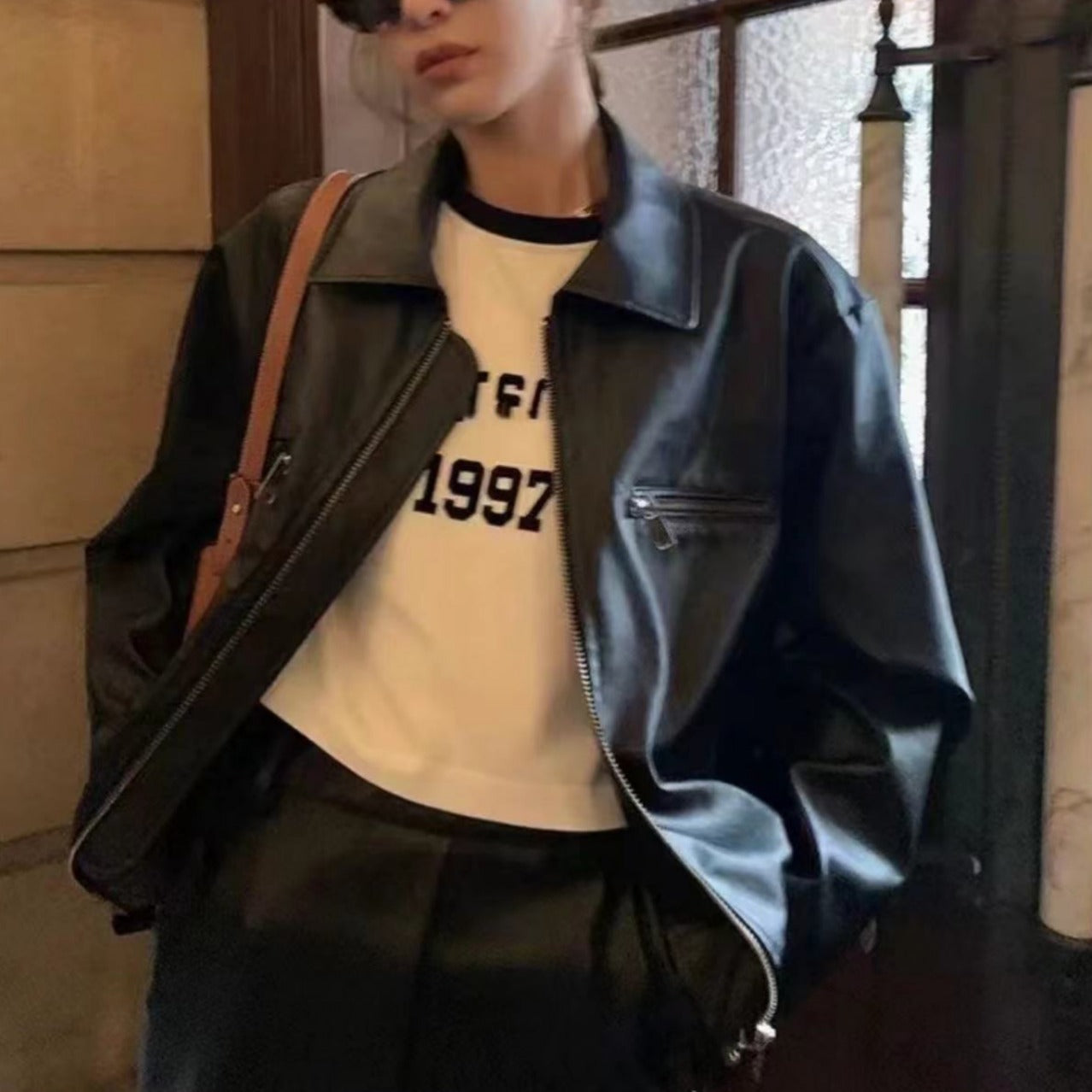 Maillard Style Retro Wipe Color Do Old Motorcycle Leather Jacket Female Autumn/Winter Spice High-Waisted Leather Coat