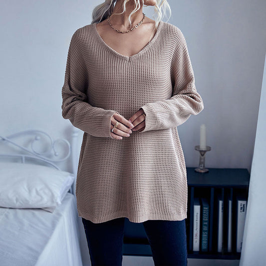 Early Autumn Casual Women's Loose Long Sleeve Solid Color V-Neck Thick Needle Sweater