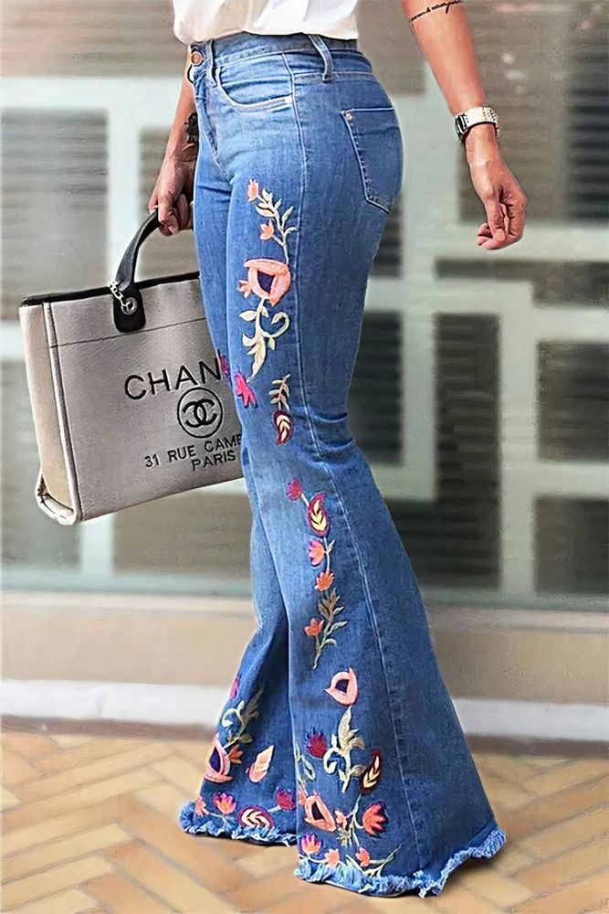 Floral Embroidery Raw Hem Mid Rise Flare Jeans