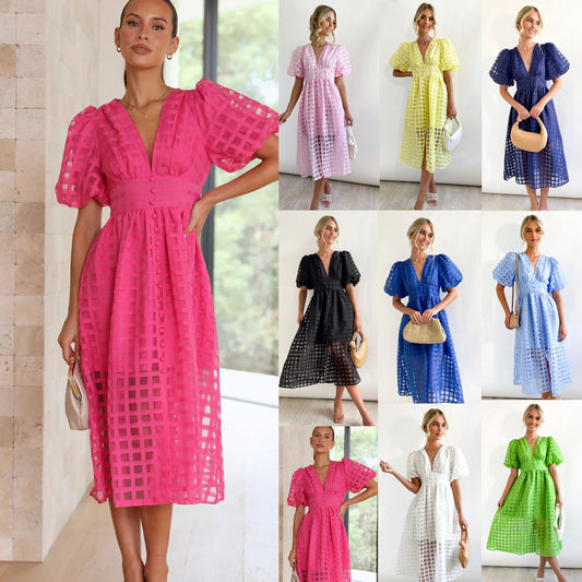 Spring And Summer New Fashion Multi-Color Lantern Sleeve Dress Casual Party Dress