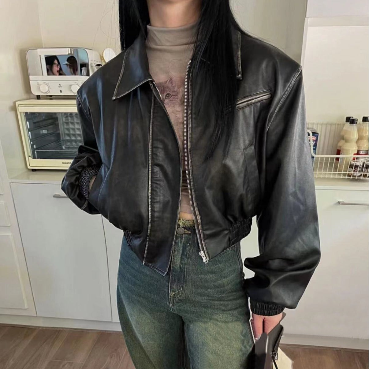 Maillard Style Retro Wipe Color Do Old Motorcycle Leather Jacket Female Autumn/Winter Spice High-Waisted Leather Coat