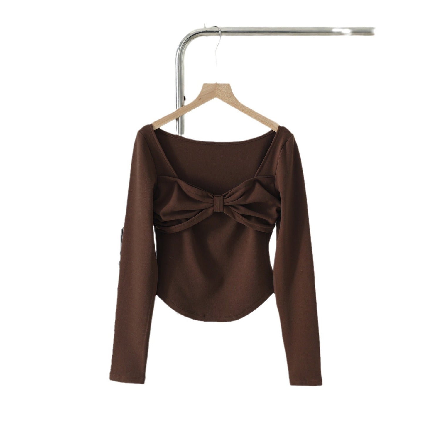 Women's Autumn and Winter Square Collar Draw Pleated Bow Design Gentle Fresh Sweet Highlight Collarbone Curved Top