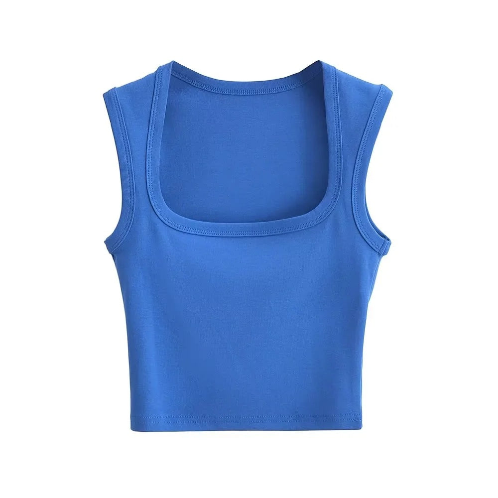 Summer Sexy Slim Deep Square Neck Vest Women Short Crop Tight Solid Color Sleeveless Top Small T Tide