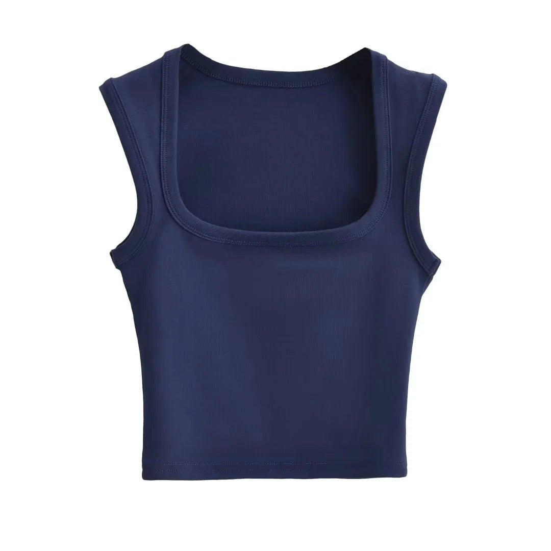 Summer Sexy Slim Deep Square Neck Vest Women Short Crop Tight Solid Color Sleeveless Top Small T Tide