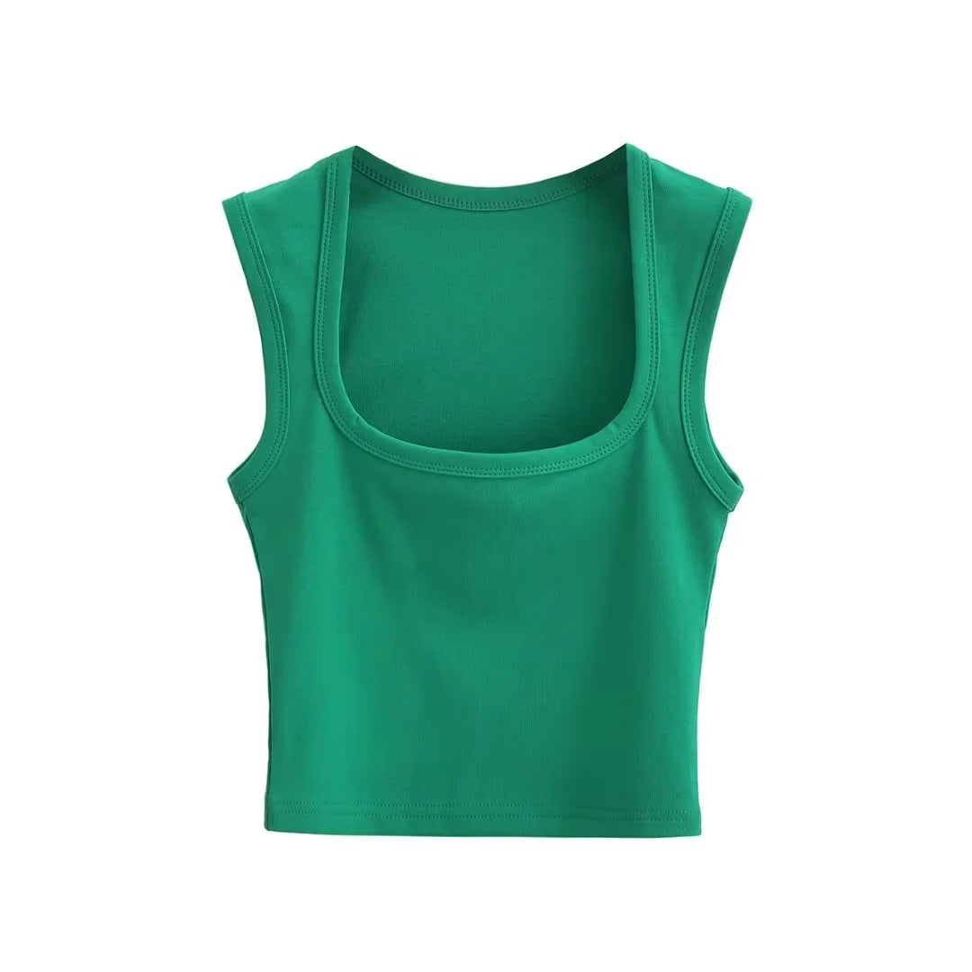 Summer Sexy Slim Deep Square Neck Vest Women Short Crop Tight Solid Color Sleeveless Top Small T Tide