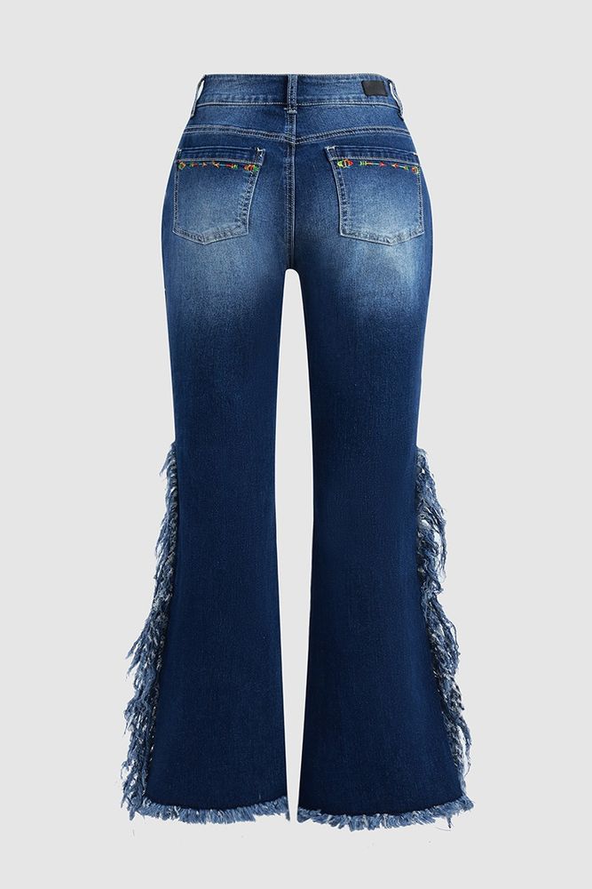 Embroidery Side Fringe Side Raw Hem Mid Waist Bootcut Jeans Without Belt